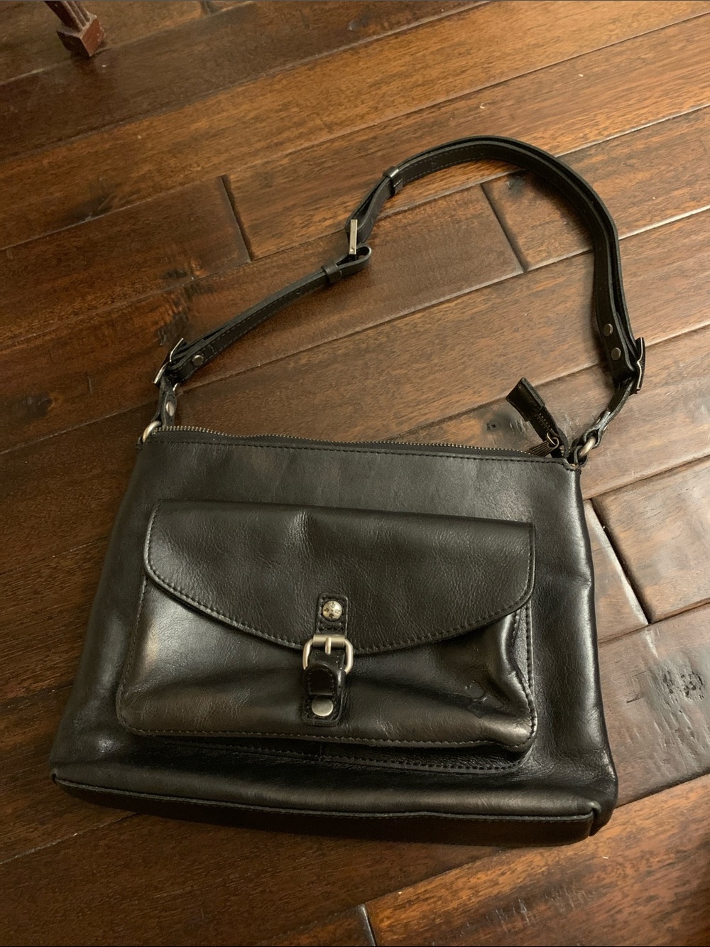 Patricia Nash Kirby Black Leather Bag with Front Buckle Pocket EUC